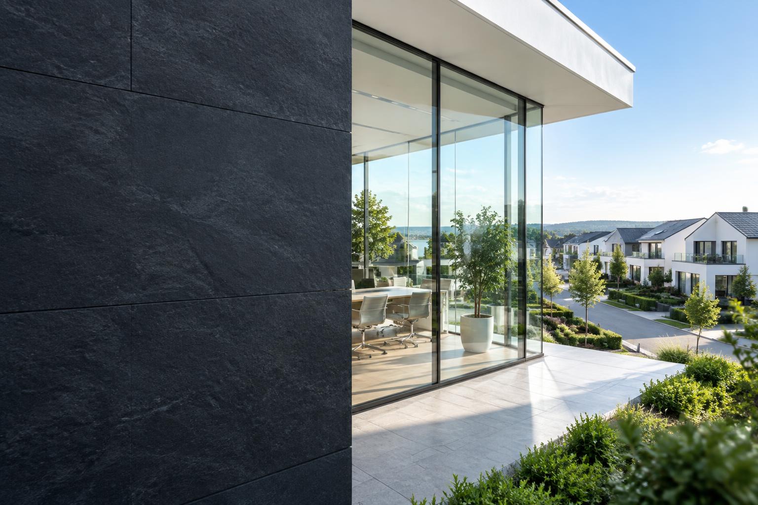 Modern real estate office overlooking a residential neighborhood